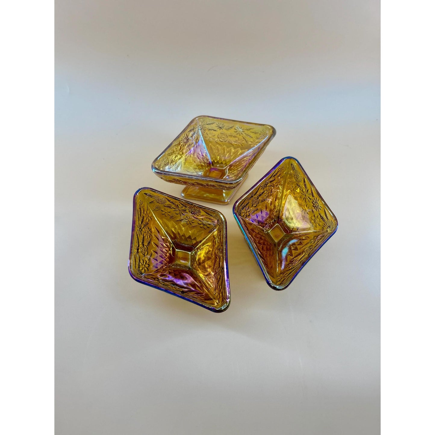 Vintage Marigold Carnival Glass Pedestal Bowls Set of 3 Iridescent Amber Pressed Glass Dessert Bowls Footed Carnival Glass Candy Dish Set