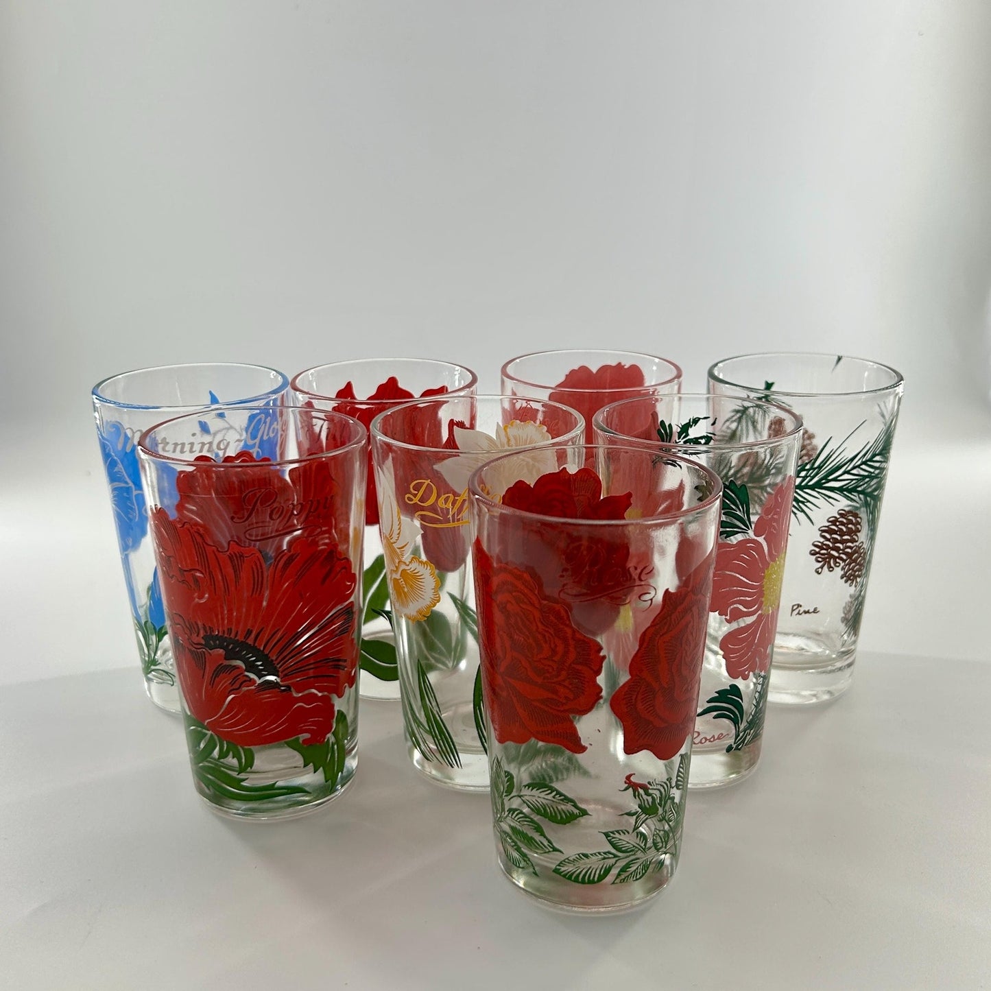 Vintage Federal Glass Floral Tumbler Set of 8 Mid Century Drinking Glasses Poppy Rose Daffodil Retro Barware MCM USA