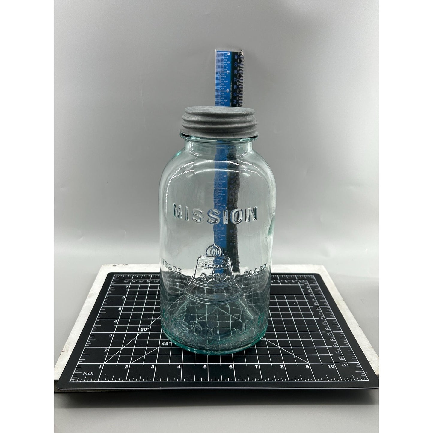 Mission Bell Mason Aqua Blue Glass Liberty Bell Trade Mark Scarce Hazel Atlas Half Gallon Zinc Lid