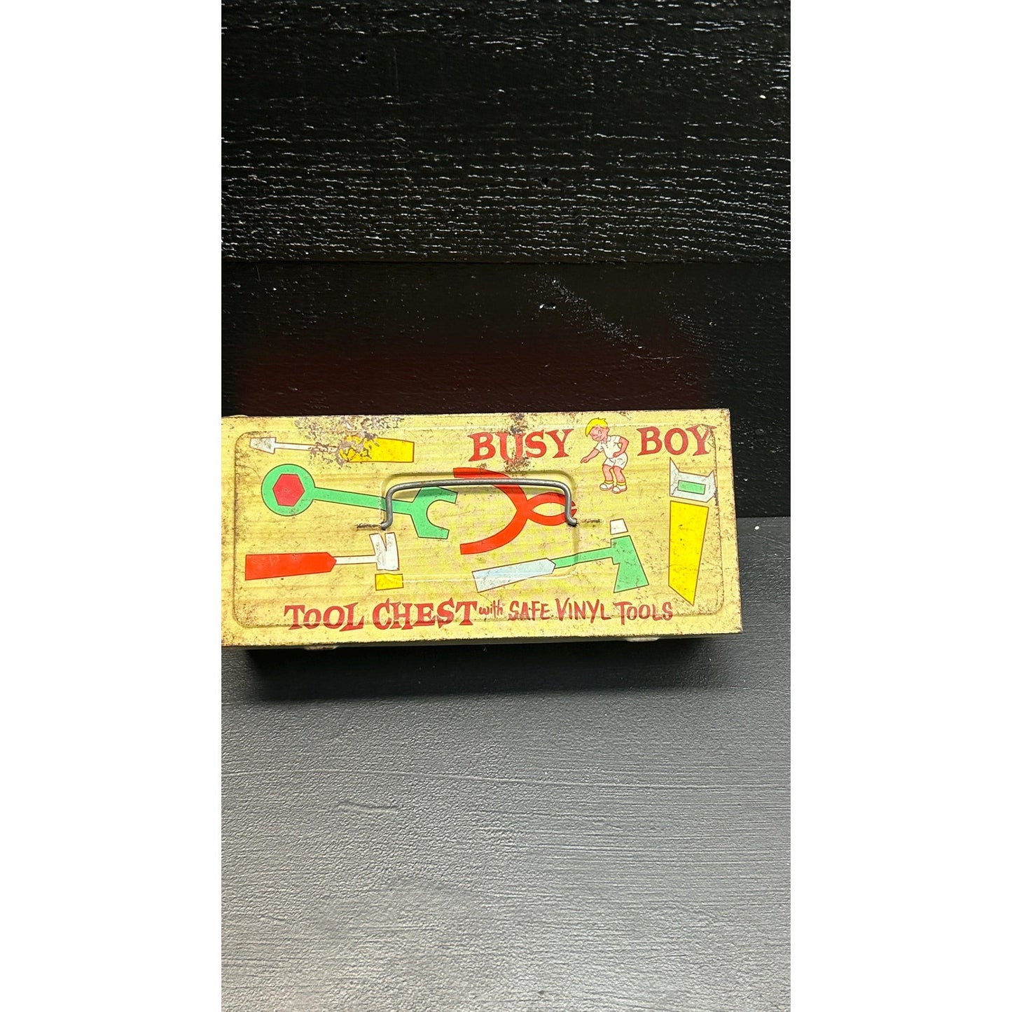 Vintage 1950s Busy Boy Tool Chest by Ohio Art • Tin Toy Tool Box with Retro Graphics • Safe Vinyl Tools • Mid Century Collectible tool toy