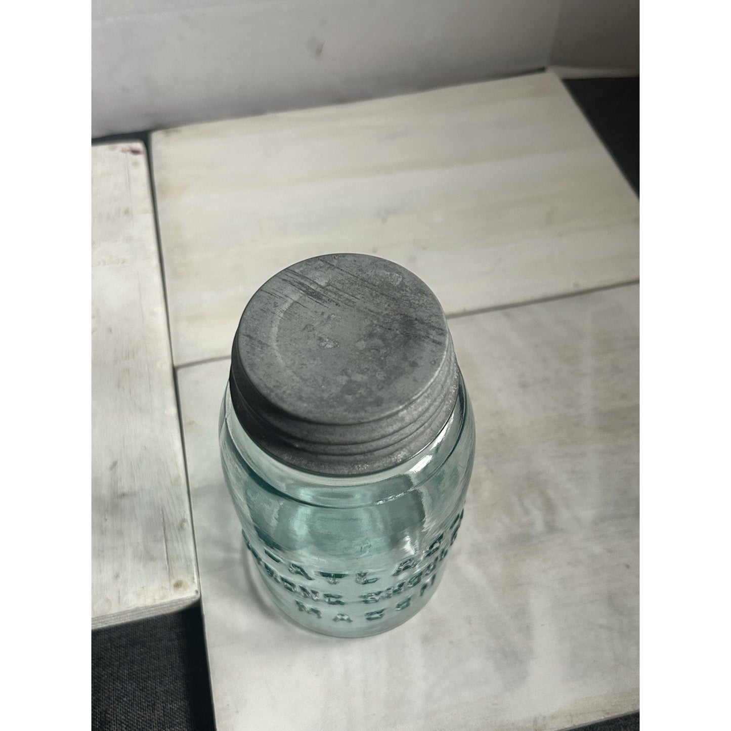 Vintage Atlas Strong Shoulder Mason Jar Aqua Blue w/ Zinc Lid – Quart – 1930s