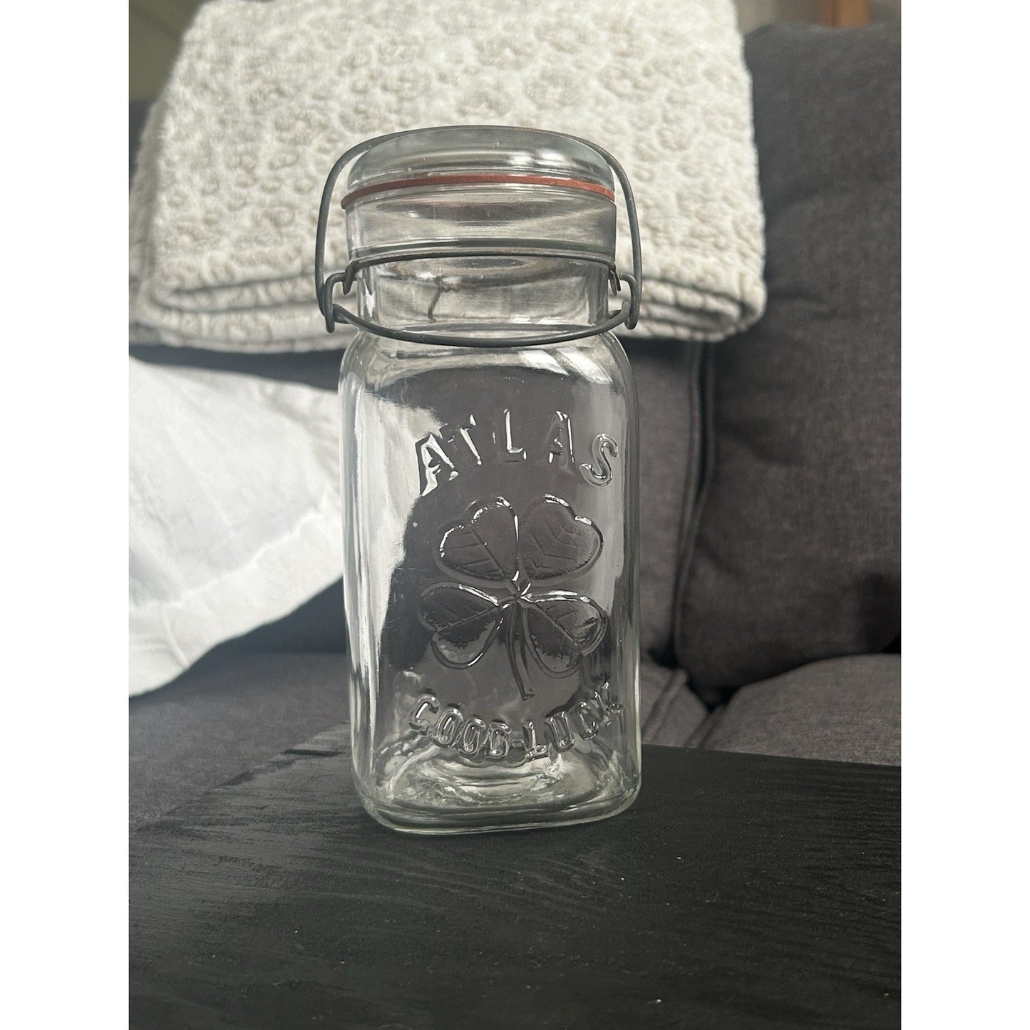 Vintage Atlas Good Luck Clover Mason Jar — ½-Gallon SQUARE Wire-Bail Form — Clear Glass with Original Lid & Gasket