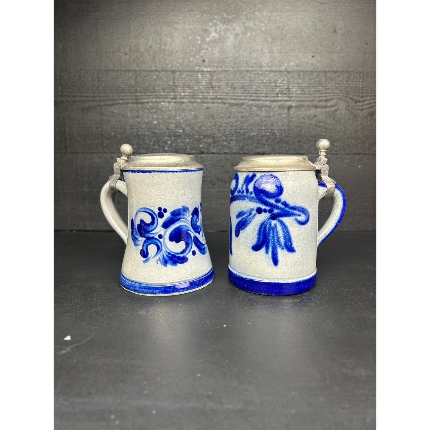 Vintage Westerwald German Stein Pair .5L • Salt Glazed Cobalt Stoneware • LFZ Handarbeit • Pewter Lids • Engraved “Hans” • Collector Grade