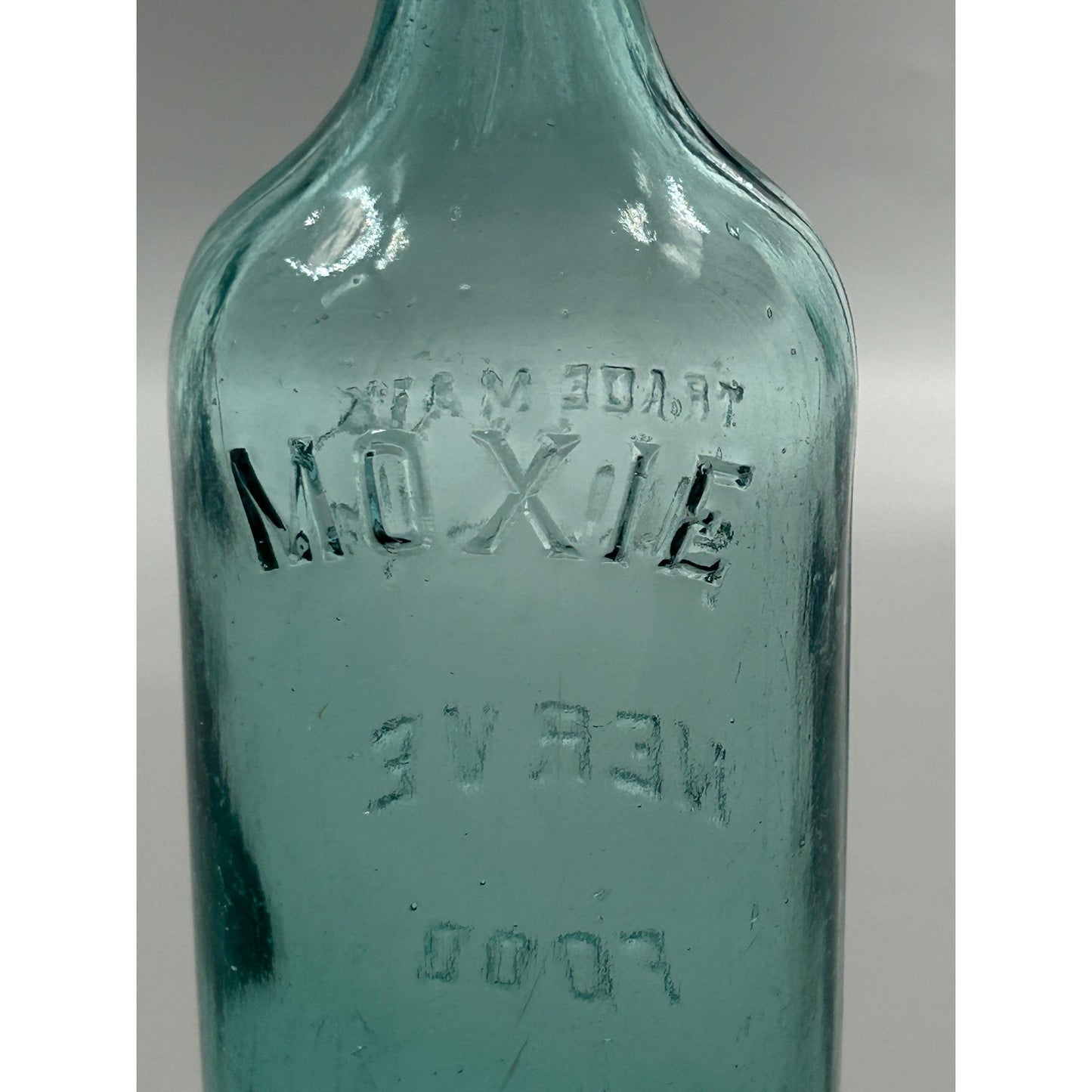 Antique Moxie Nerve Food Registered Bottle Aqua Glass Lowell MA Quack Medicine Soda Advertising Early 1900s Rare Display