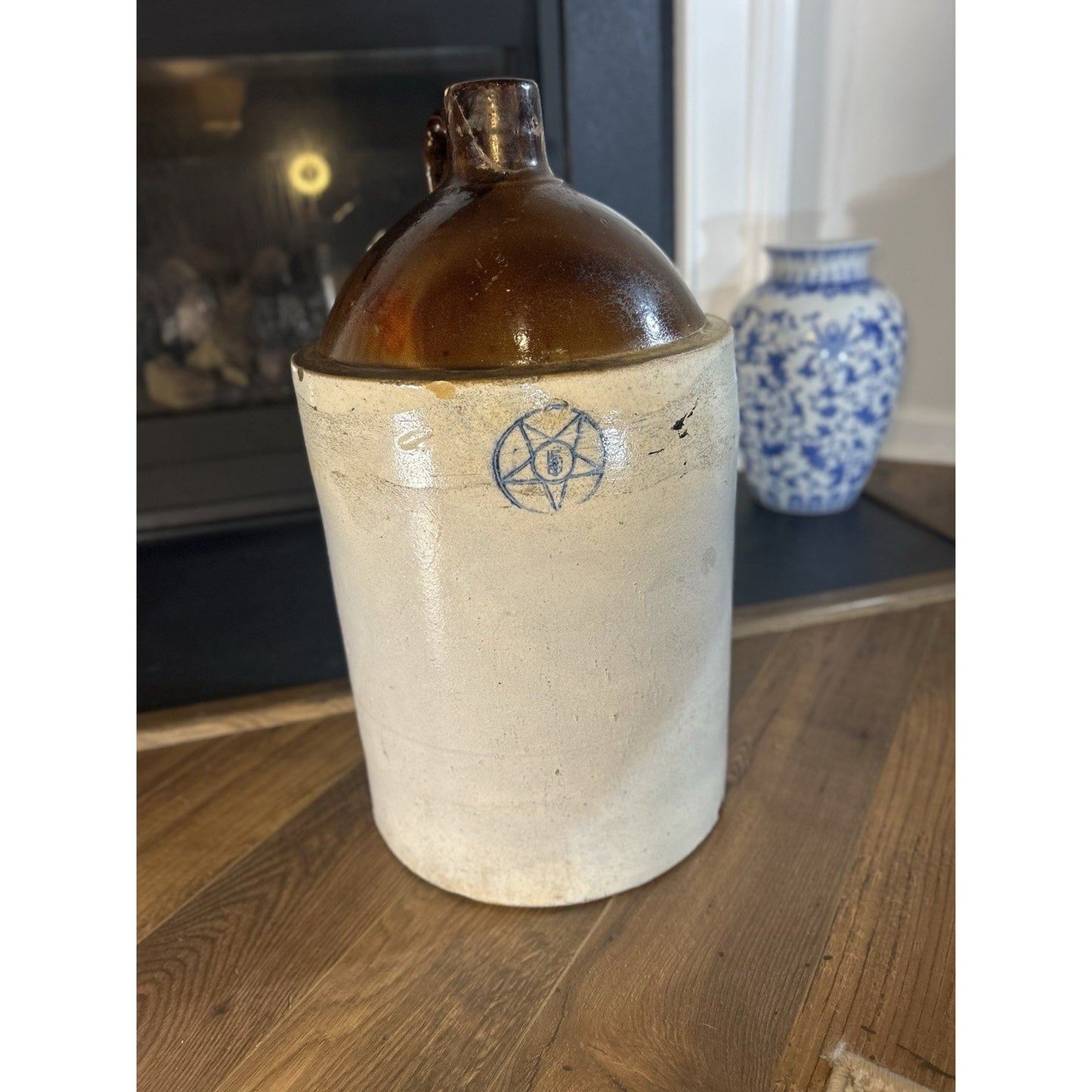 Antique 5-Gallon Blue Star Stoneware Crock Jug — Cobalt Blue Decoration — Primitive American Folk Pottery