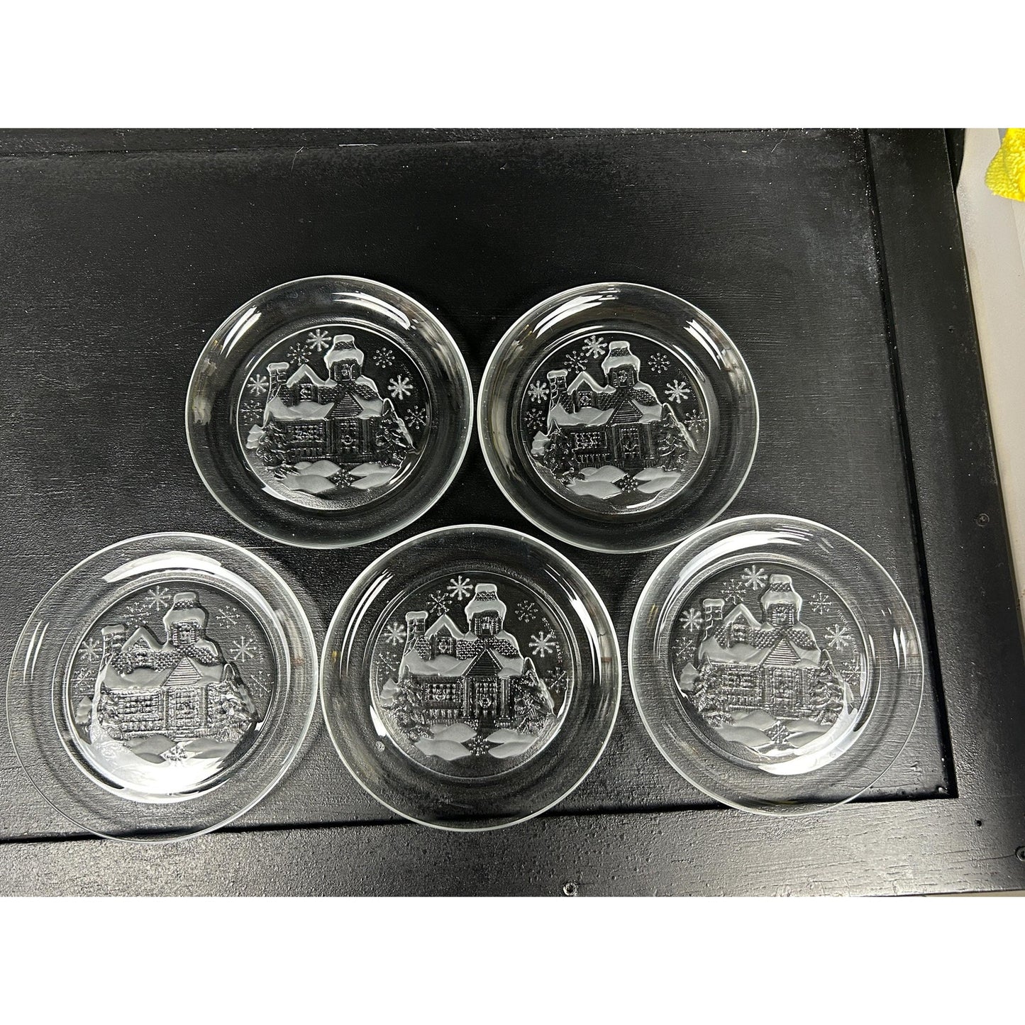 Arcroc “Welcome Home” Christmas Plates • Frosted Winter Cottage Glass Dessert Plates • Vintage Clear Holiday Snow Scene Set of 5 (7.75”)