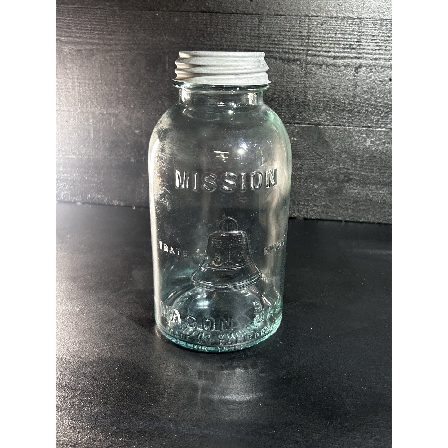 Rare Half Gallon Mission Bell Mason Jar Aqua WJ Latchford Los Angeles CA Antique