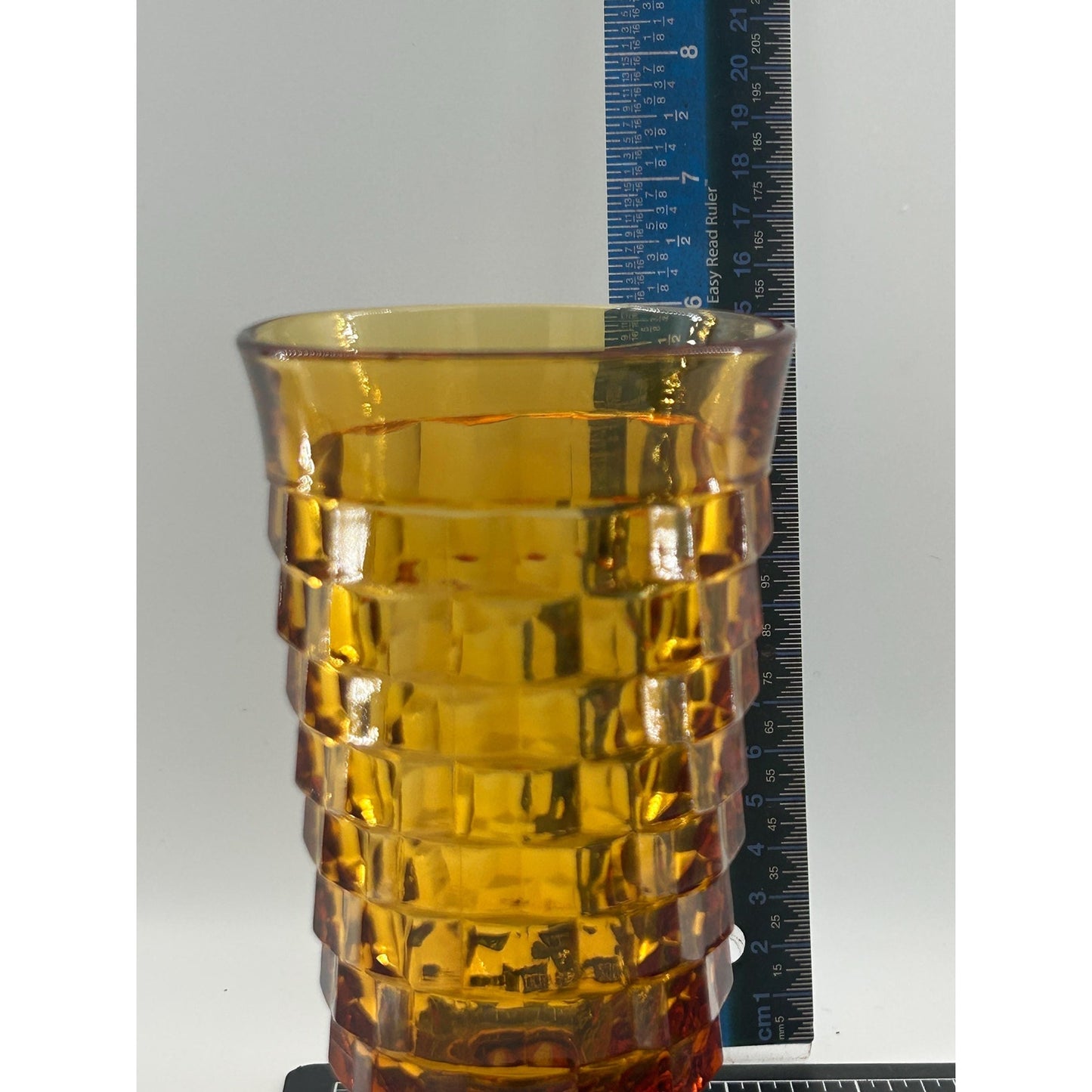 Mid Century Modern Amber Glass Vase | Tall Footed Diamond Pattern Vase | MCM Golden Yellow Art Glass Decor