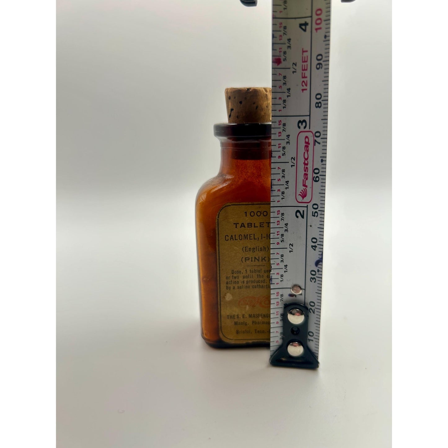 Antique Apothecary Calomel Tablets Bottle S.E. Massengill Bristol TN VA Pharmacy Amber Medicine Jar w Cork Seal 1000 Tablets Medical Quack