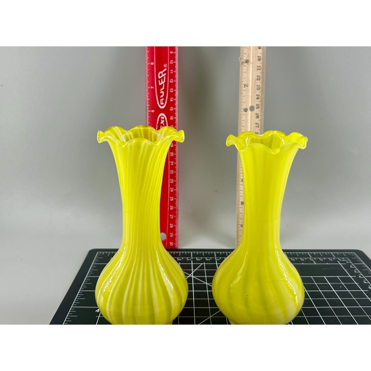 Vintage Murano Style Yellow Opaline Art Glass Bud Vases Pair Ruffled Rim Hand Blown Italy