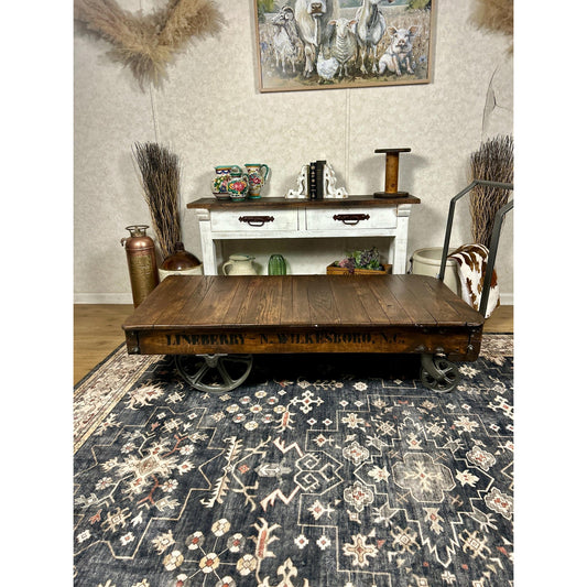 Antique Nutting Factory Cart Coffee Table Restored Industrial Mill Cart Cast Iron Wheels Vintage Factory Cart