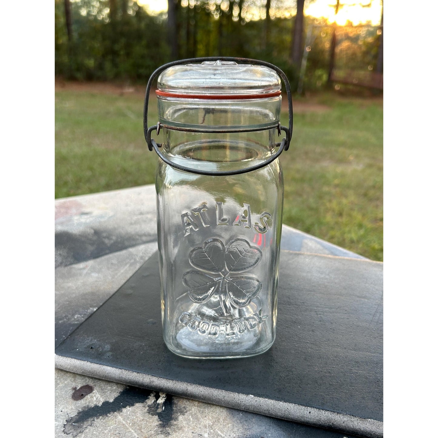 Scarce Vintage ATLAS “Good Luck” Clover Jar – Embossed Four-Leaf Canning Jar