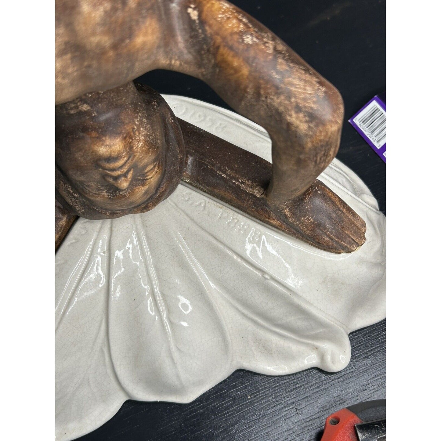 Vintage Lane & Co. 1958 Ceramic Compote — Kneeling Figure — Art Deco Folk Art — Van Nuys CA