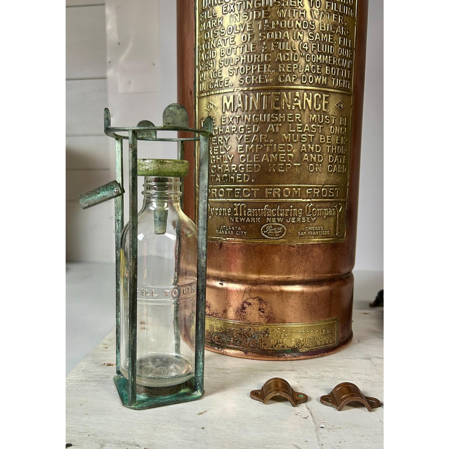Antique ESSANAY Soda Acid Fire Extinguisher Copper Brass Original Glass Bottle Industrial Firehouse Decor Early 1900s