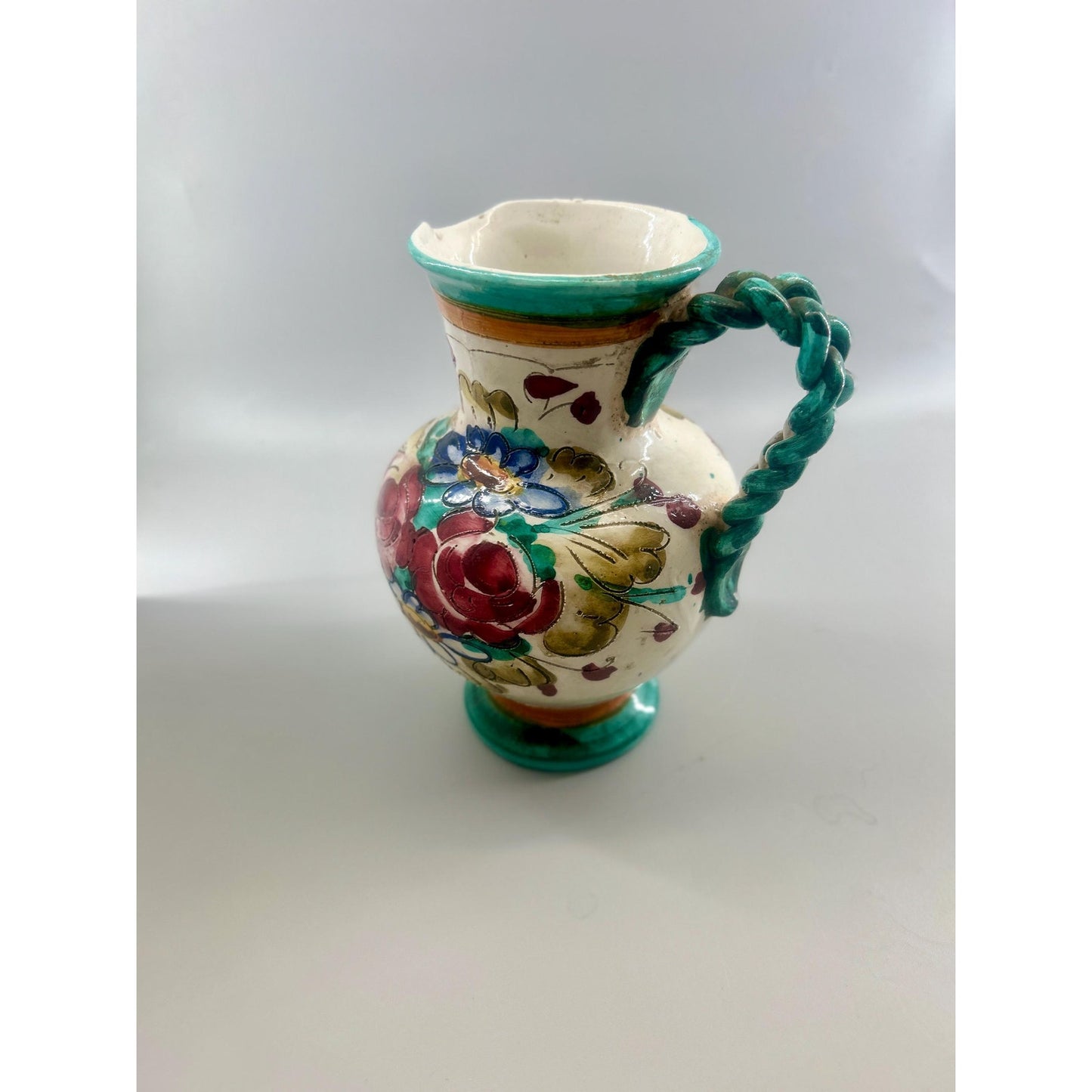 Vintage Hand Painted Spanish Talavera Style Faience Pitcher Twisted Handle Floral Pottery Jug