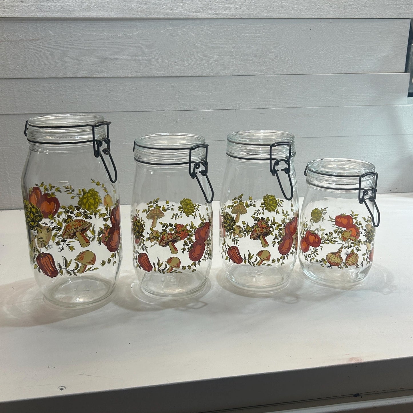 Vintage French Glass Canister Set with Wire Bail Lids, 1970s Mushroom Vegetable Print Kitchen Jars, Made in France, Farmhouse Pantry Storage