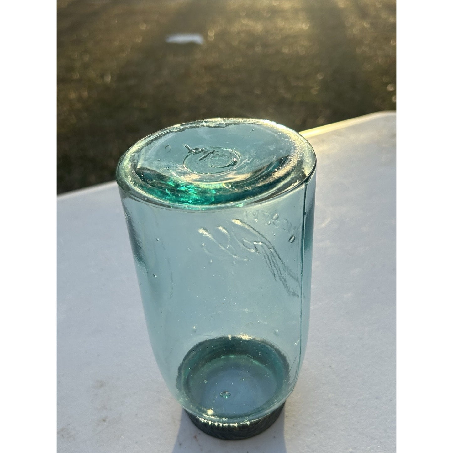 1900-1910 Ball Triple-L mason jar scale reference — quart size aqua blue, farmhouse collectible display