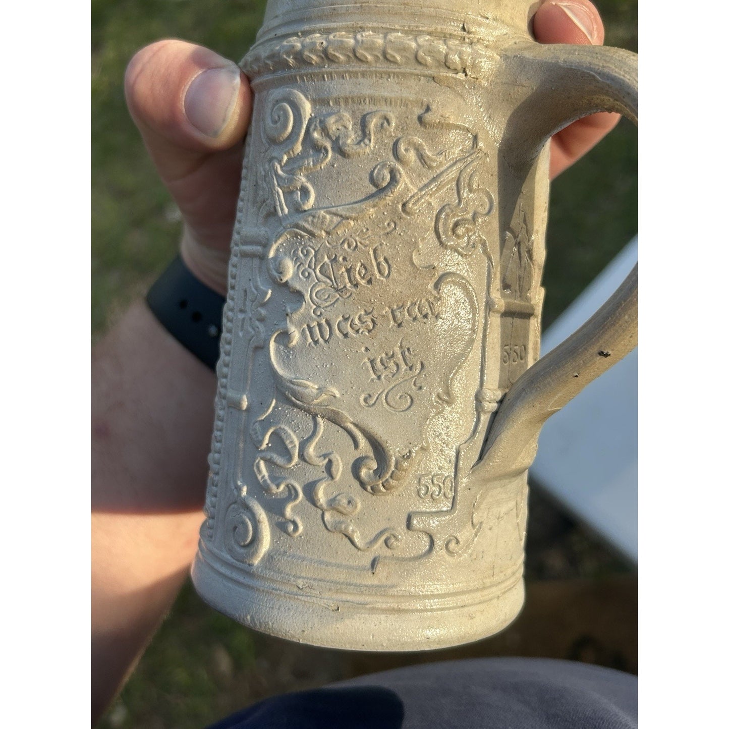 Antique German Beer Stein — Die Lindenwirtin — Westerwald Salt Glaze — 0.5L Pewter Lid — Example A