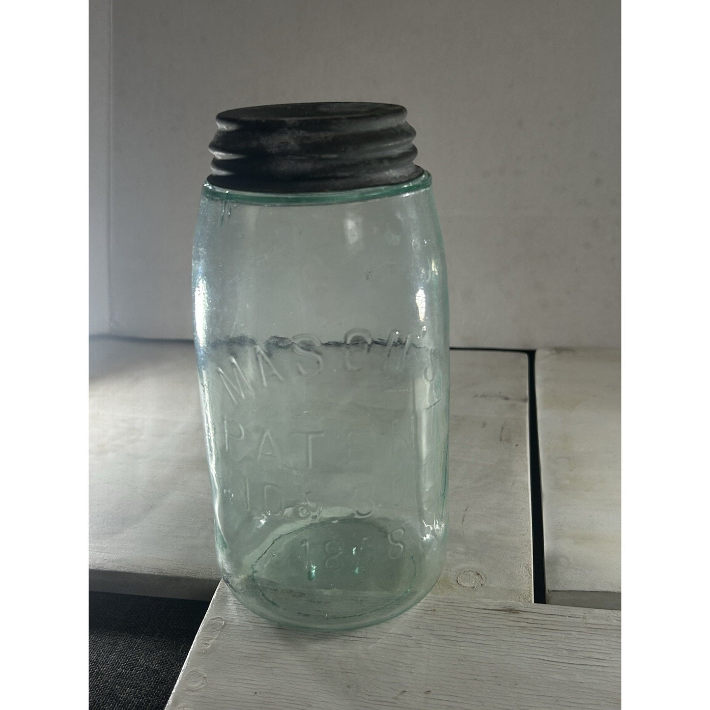 Antique Mason 1858 jar scale reference β quart size with zinc lid, early American canning glass