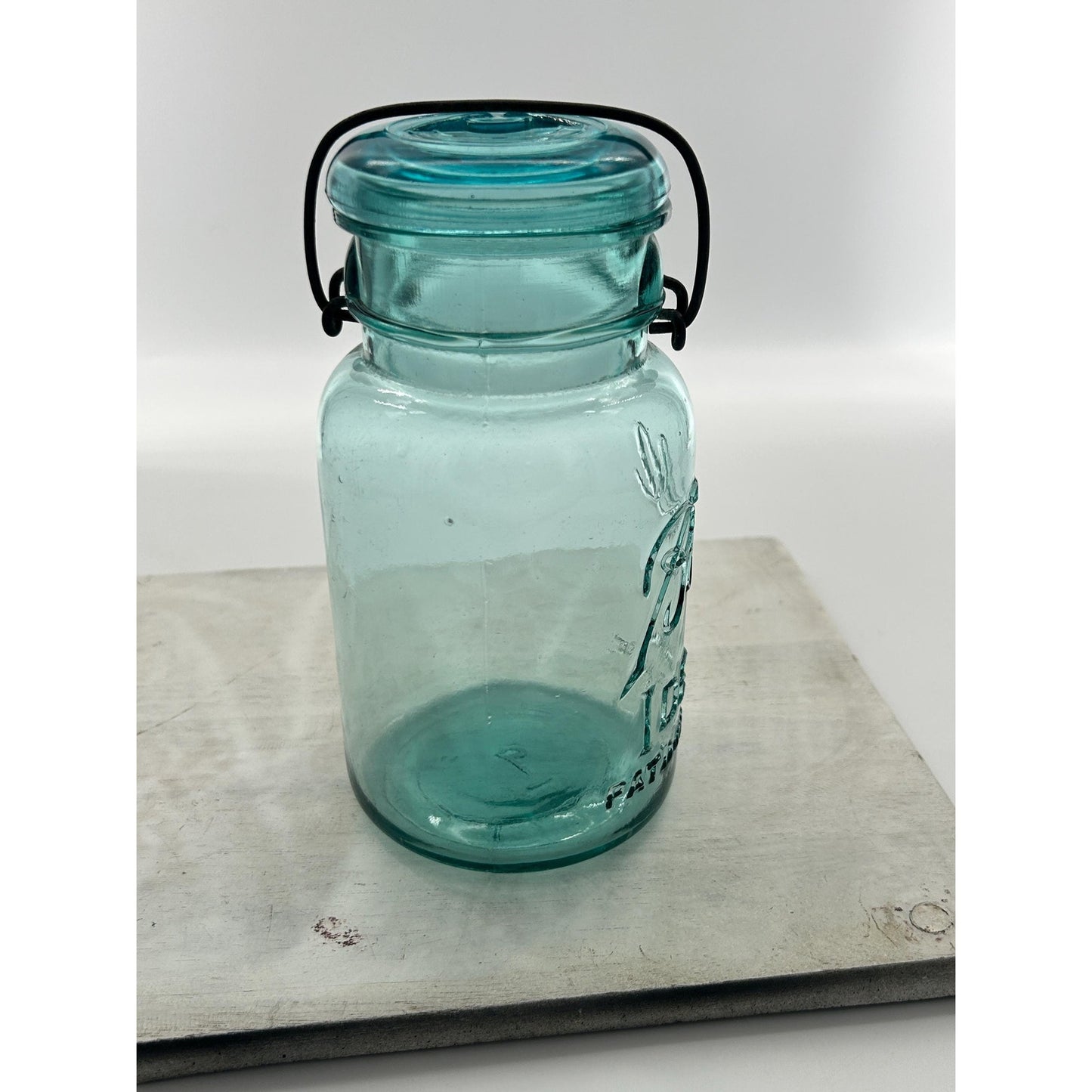 Antique Ball Ideal Aqua Blue Mason Jar Wire Bail Glass Lid Pat July 14 1908 Deep Embossed Fruit Jar Vintage Canning Jar Farmhouse Kitchen
