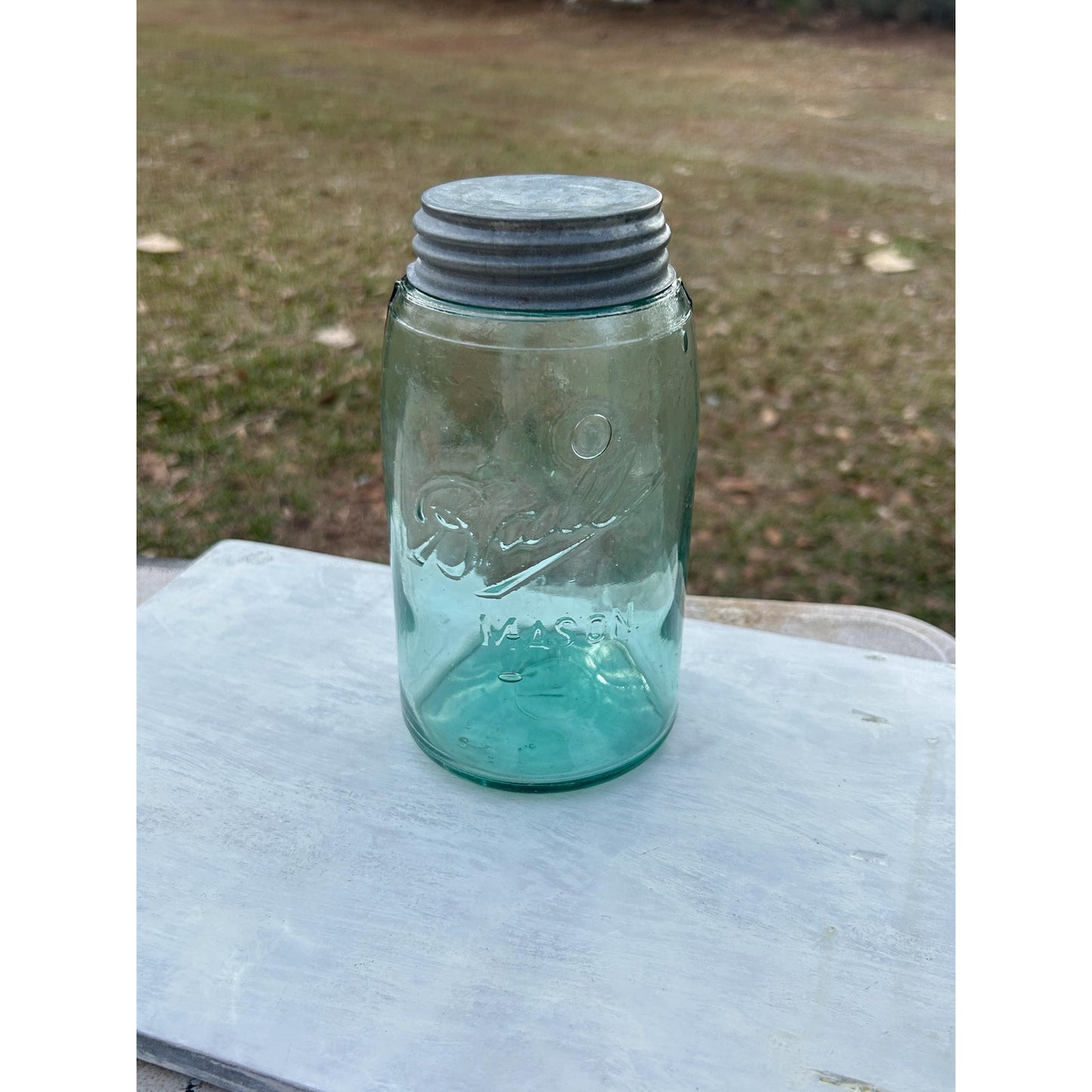 Vintage Ball Triple L Mason Jar Aqua Blue Quart Seed Bubbles Zinc Lid