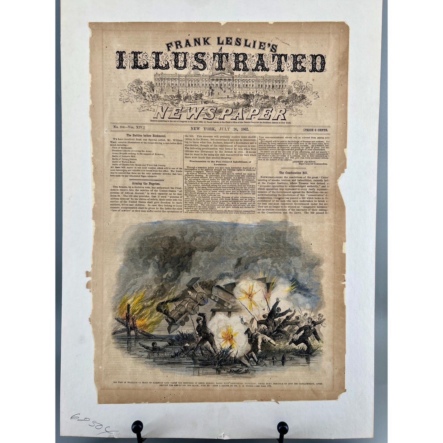 Antique Civil War 1862 Frank Leslie’s Newspaper Train Explosion Virginia Original Engraving Railroad Battle. Authentic Antique Print