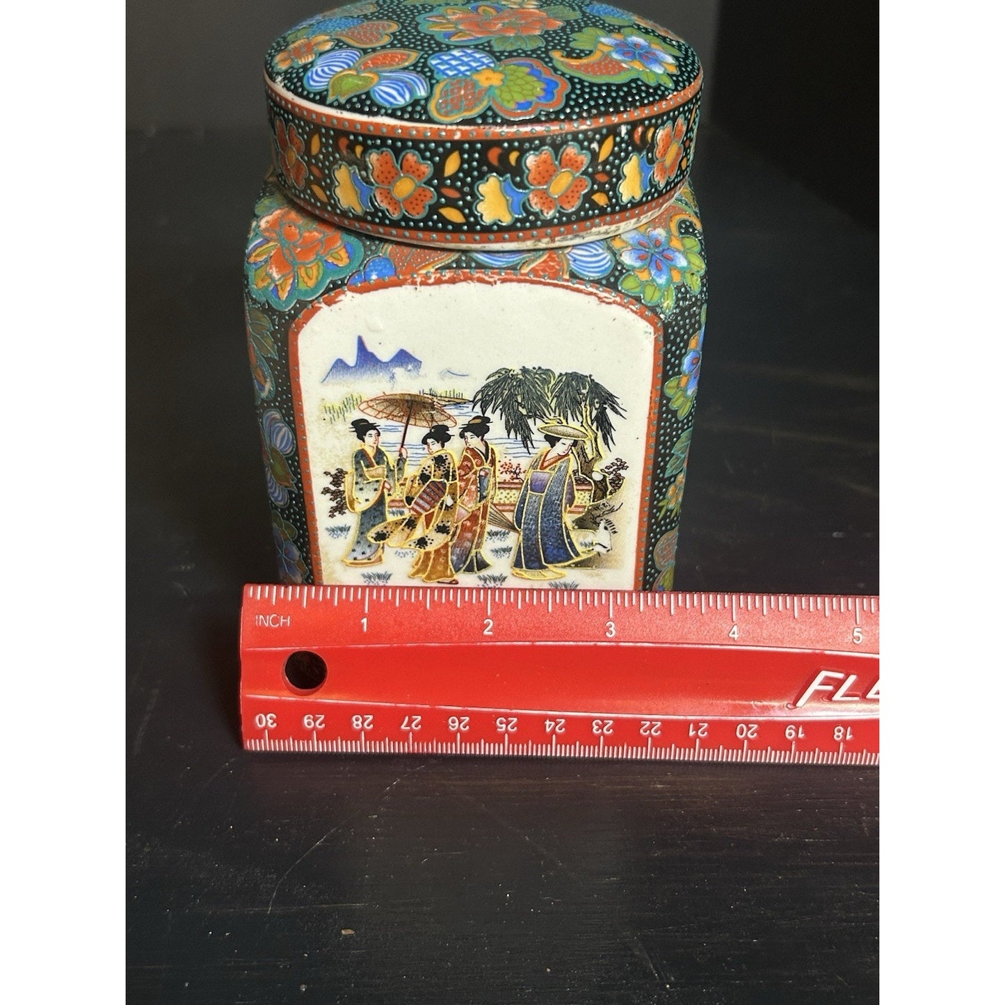 Antique Chinese Canton Enamel Tea Caddy & Trinket Box — Floral Scenes — Hand-Painted