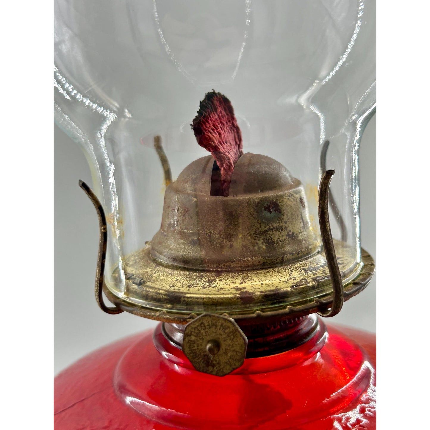 Antique Ruby Red Glass Oil Lamp 22” Tall – Figural Heron Marsh Scene Pedestal – Victorian Kerosene Parlor Lamp – Cranberry Pressed Glass