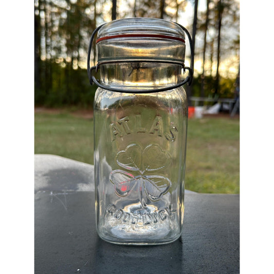 Scarce Vintage ATLAS “Good Luck” Clover Jar – Embossed Four-Leaf Canning Jar