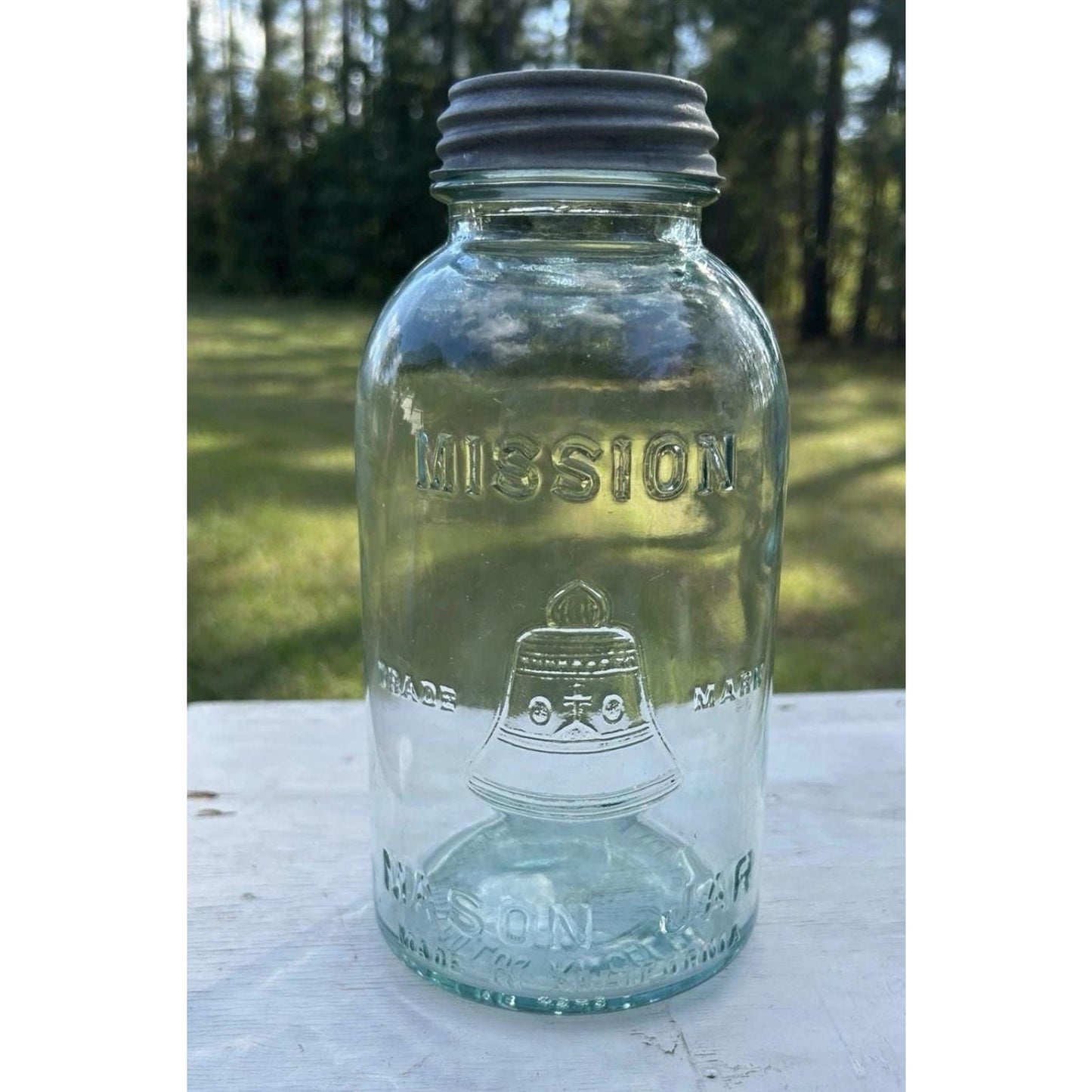 Mission Bell Mason Jar Aqua Blue Liberty Bell Hazel Atlas Half Gal w/ Zinc Lid
