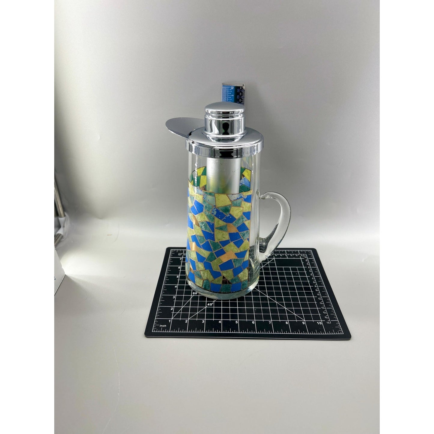 Mid Century Modern Mosaic Glass Pitcher w Chrome Lid & Ice Tube Insert – 1960s Atomic Barware – Retro MCM Entertaining