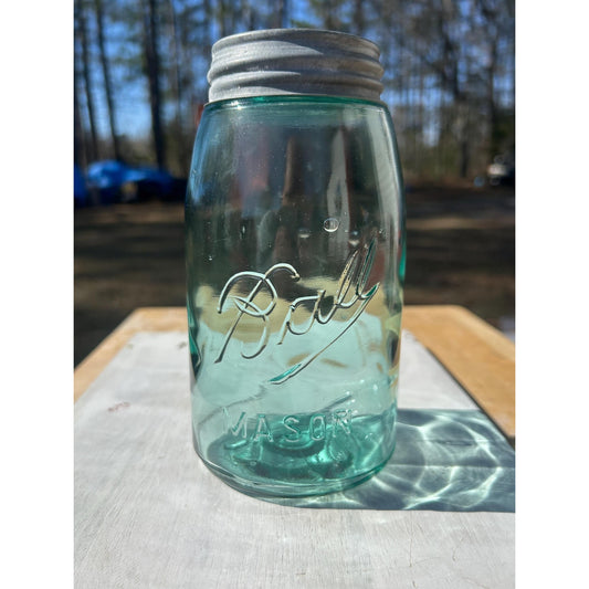 Antique Ball Mason Quart Deep Teal Aqua 1910–1923 Underlined Script Near Mint Zinc Lid 100+ Year Old Vintage Canning Jar