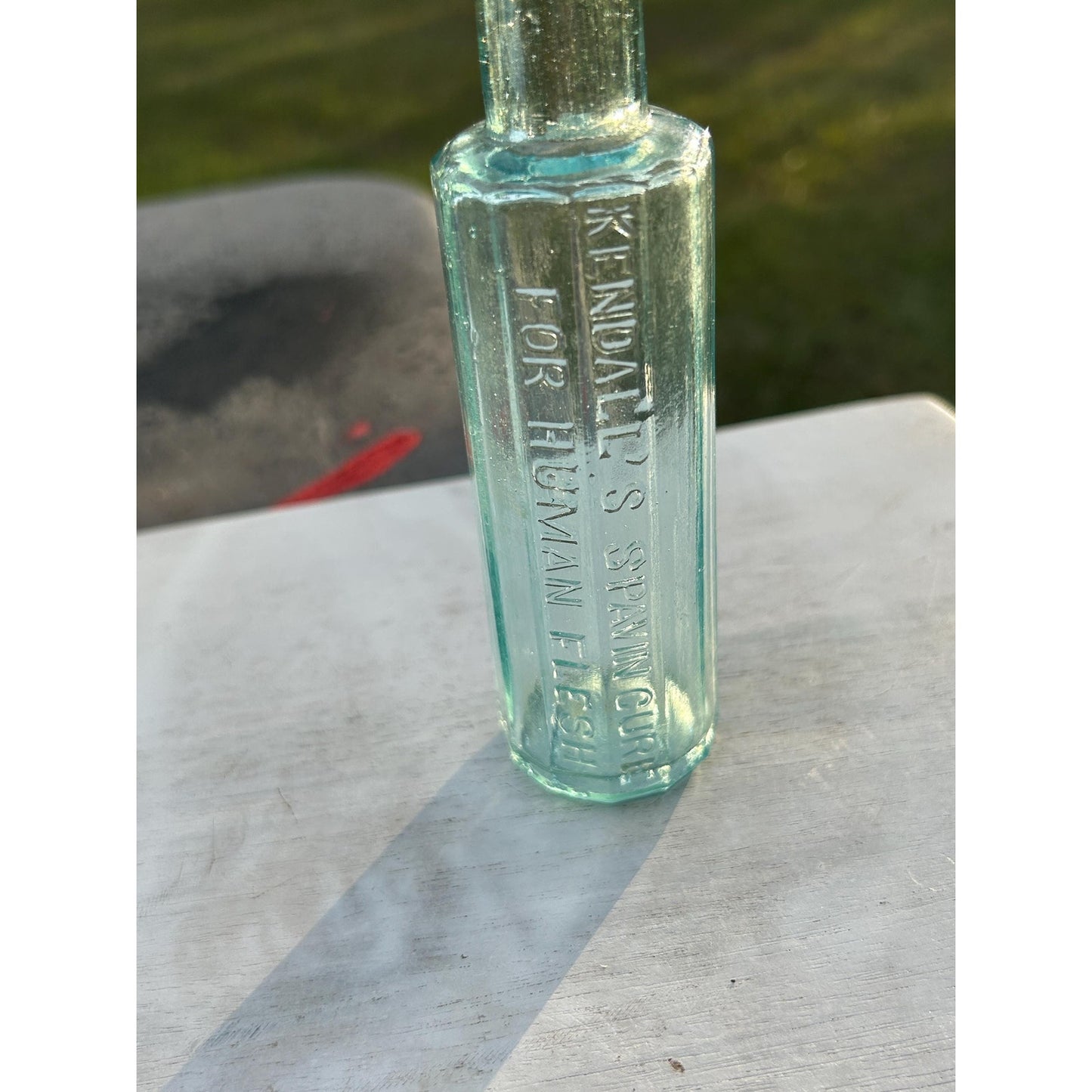 Antique Kendall’s Spavin Cure Bottle – Aqua Blue Glass, 1800s Patent Medicine, Embossed “For Human Flesh” – Rare Apothecary Remededy .