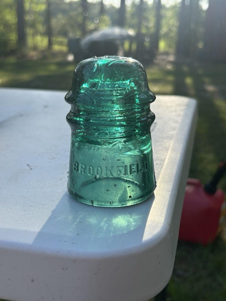 Brookfield Emerald Green Glass Insulator, Bubbled Beehive Telegraph, Early 1900s image 10