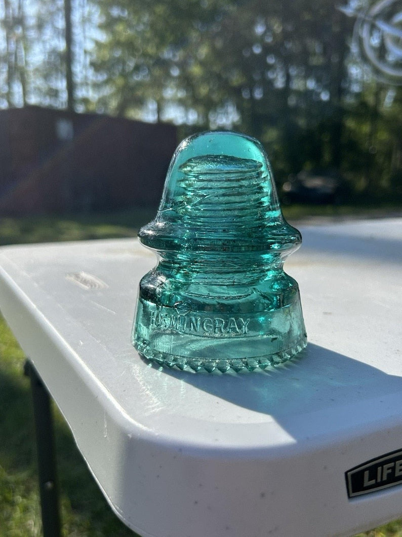 Antique Hemingray H.G.Co Aqua Insulator 1893 Patent Sharp Drip Points Deep Aqua-Green Prism Base image 10