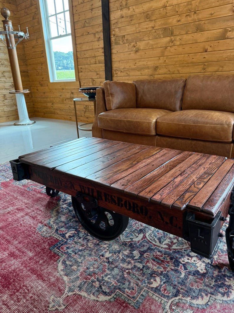 Antique Lineberry Factory Cart Coffee Table – Restored Industrial Mill Cart Cast Iron Wheels Reclaimed Wood Coffee Table Custom Stained image 10