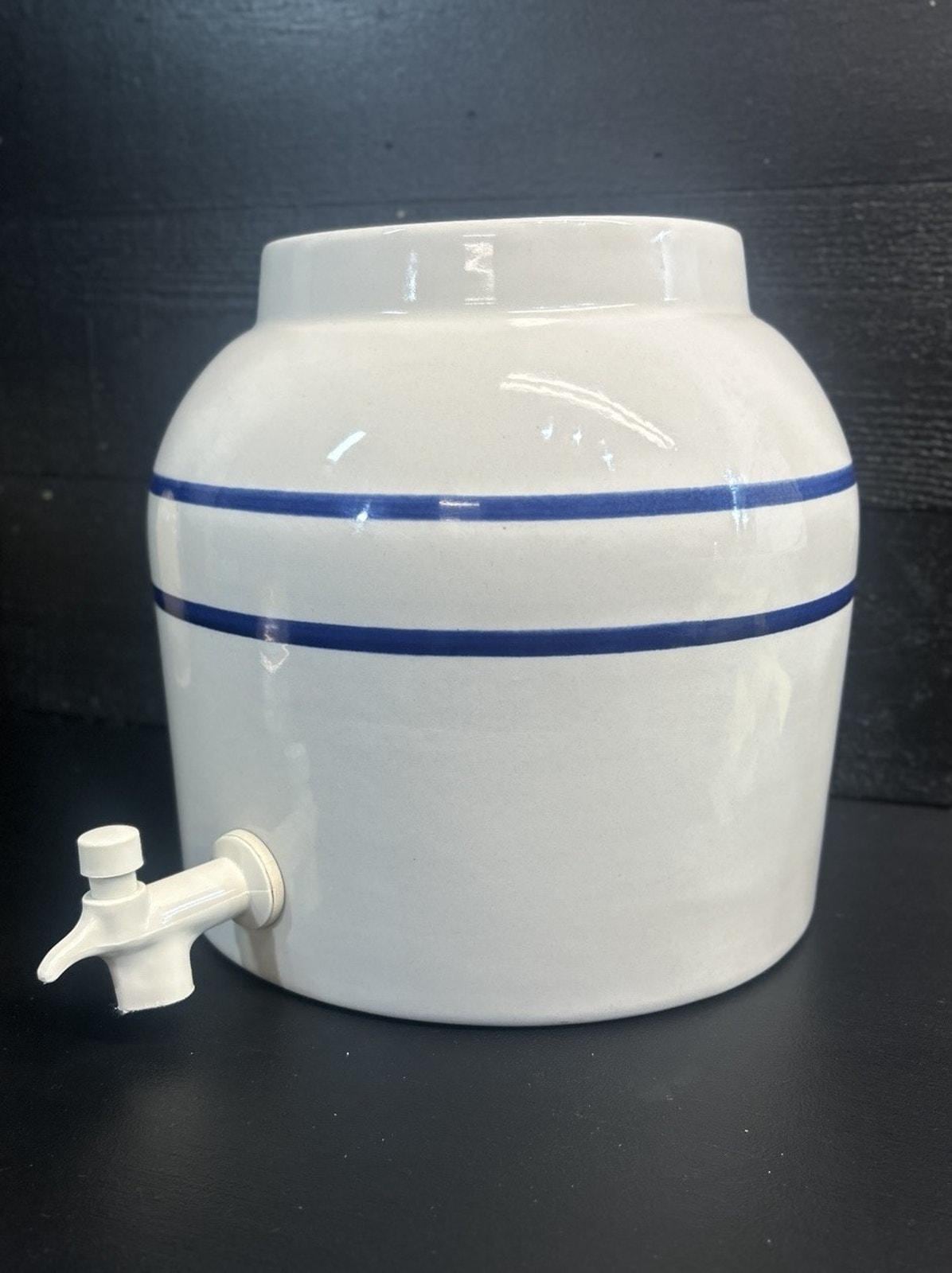 Vintage Stoneware Water Crock Blue Stripe Beverage Dispenser Farmhouse Kitchen
