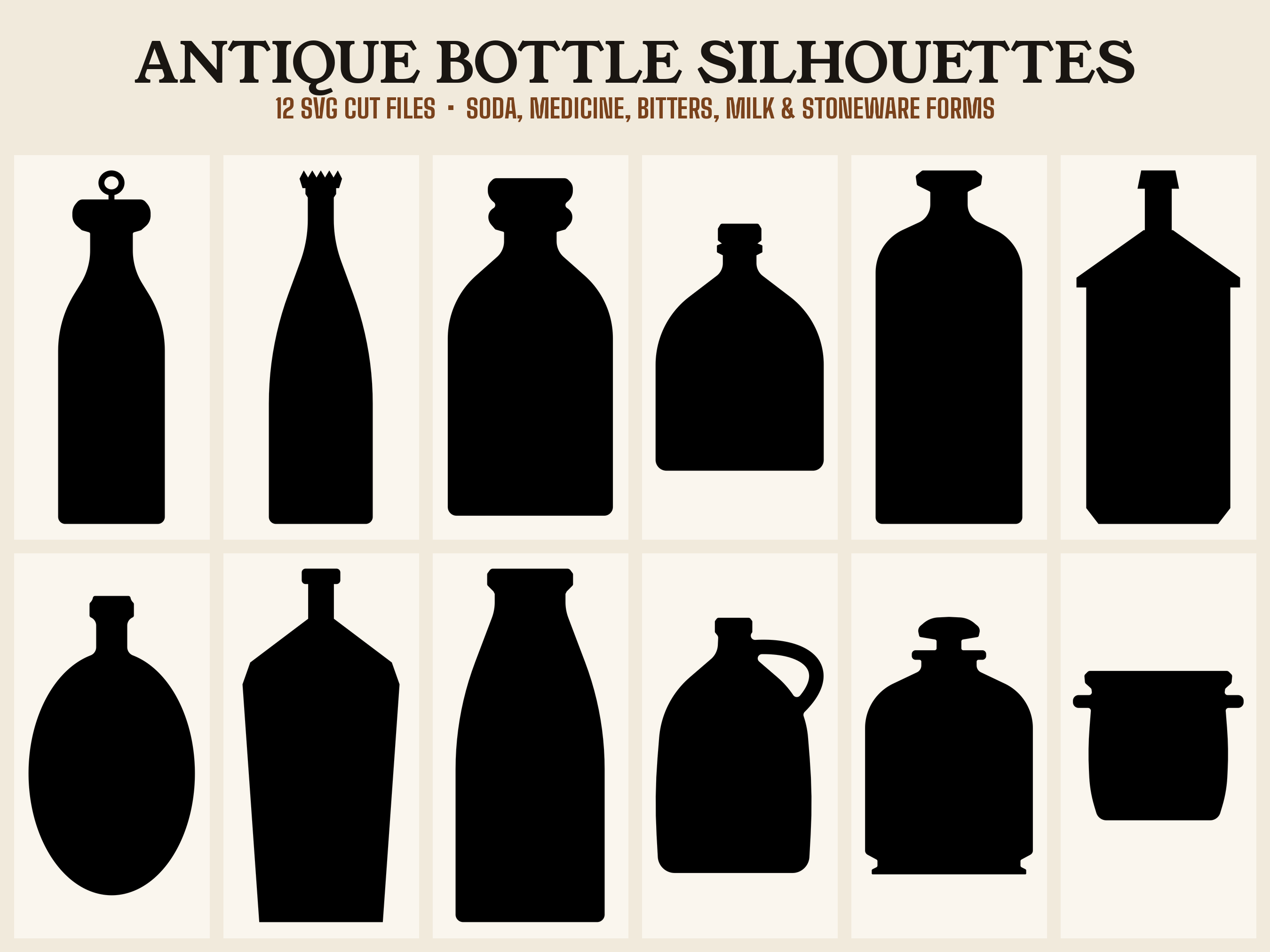Antique Bottle Silhouette SVG Bundle, 12 Soda, Medicine and Stoneware Container Cut Files
