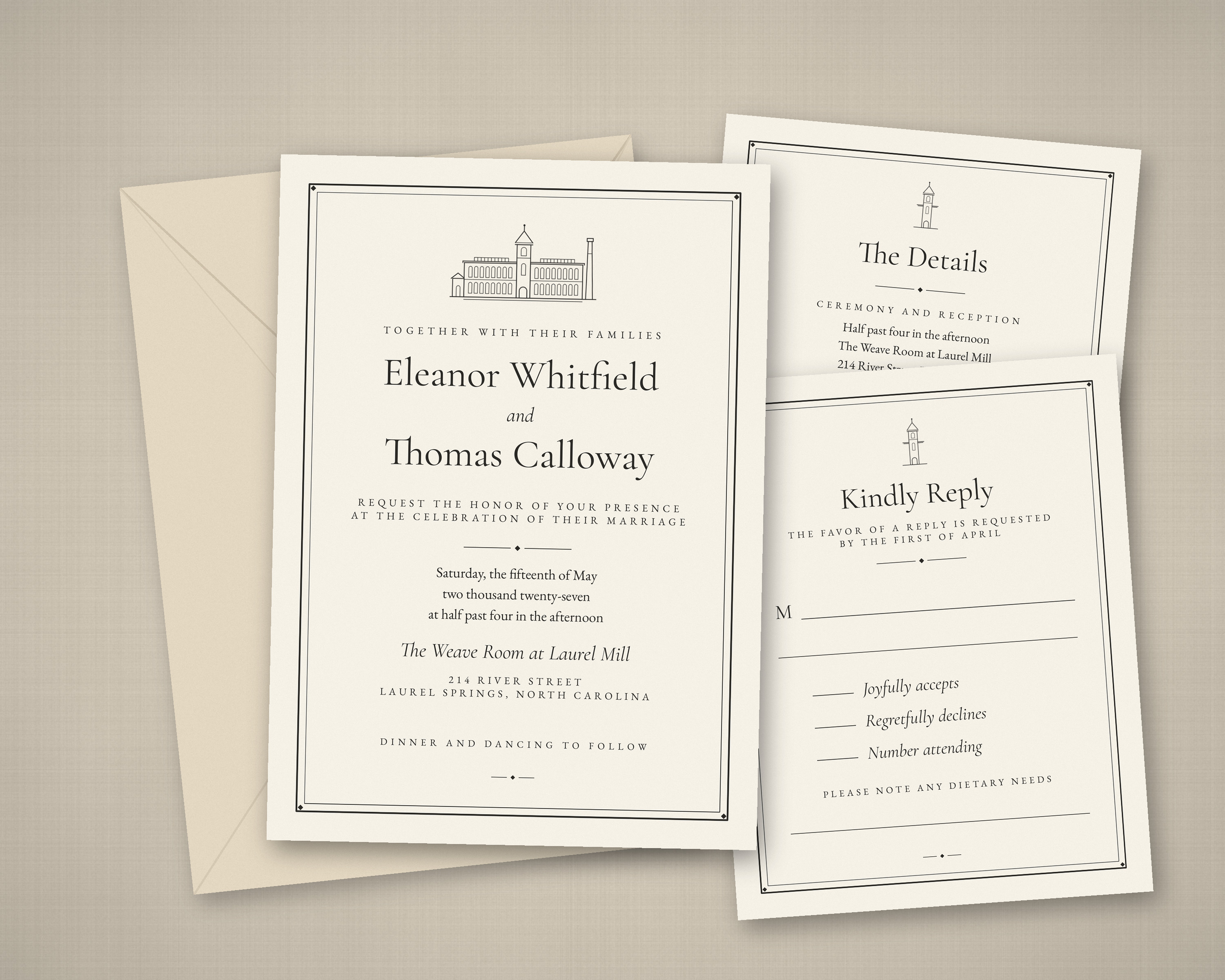 Historic Cotton Mill Wedding Invitation Suite | Editable Invitation, RSVP, QR RSVP & Details Cards (Google Slides)