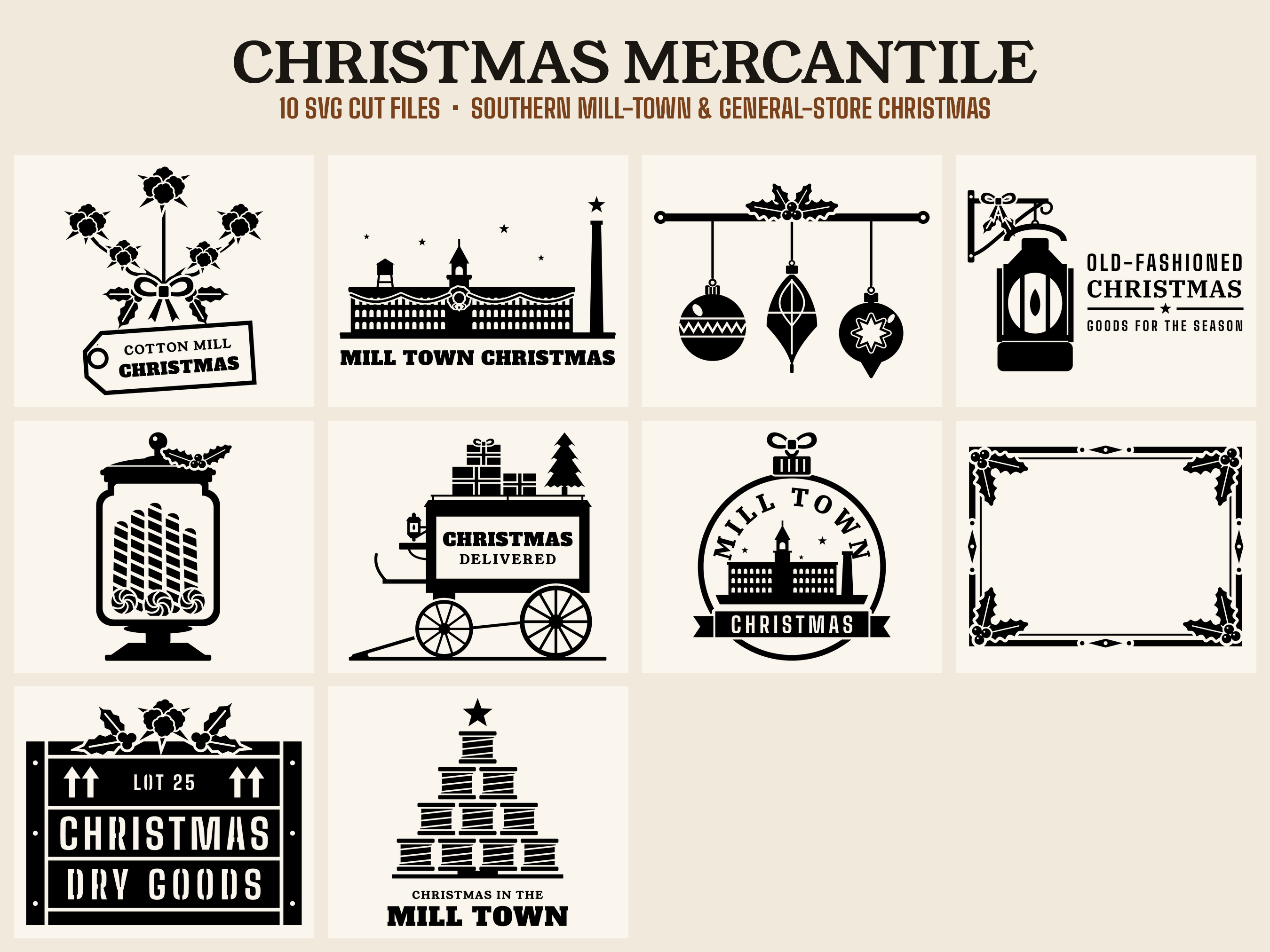 Christmas Mercantile SVG Bundle | 10 Southern Mill-Town Christmas Cut Files