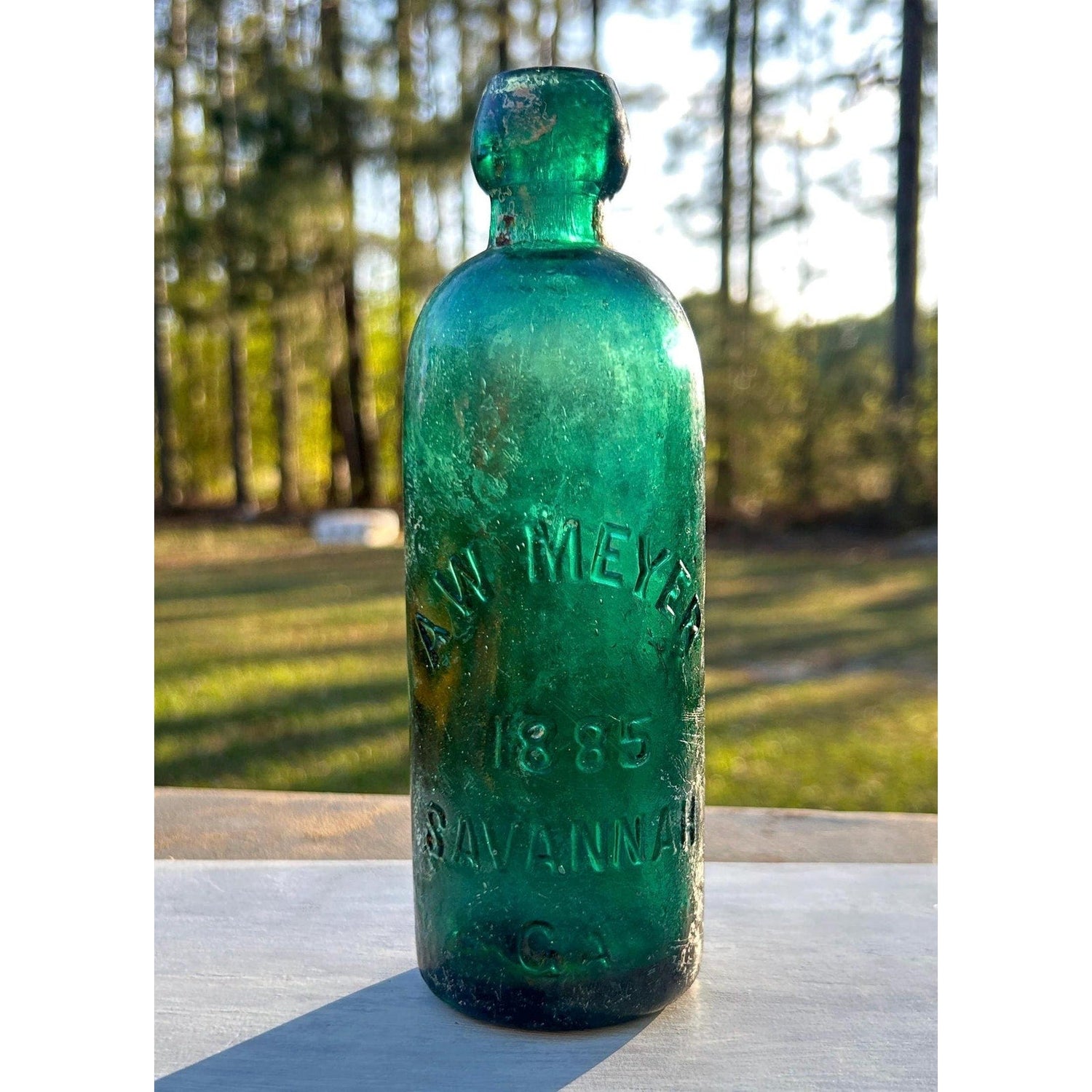 1885 A.W. Meyer Savannah Georgia emerald green blob top antique bottle vintage bottles collection