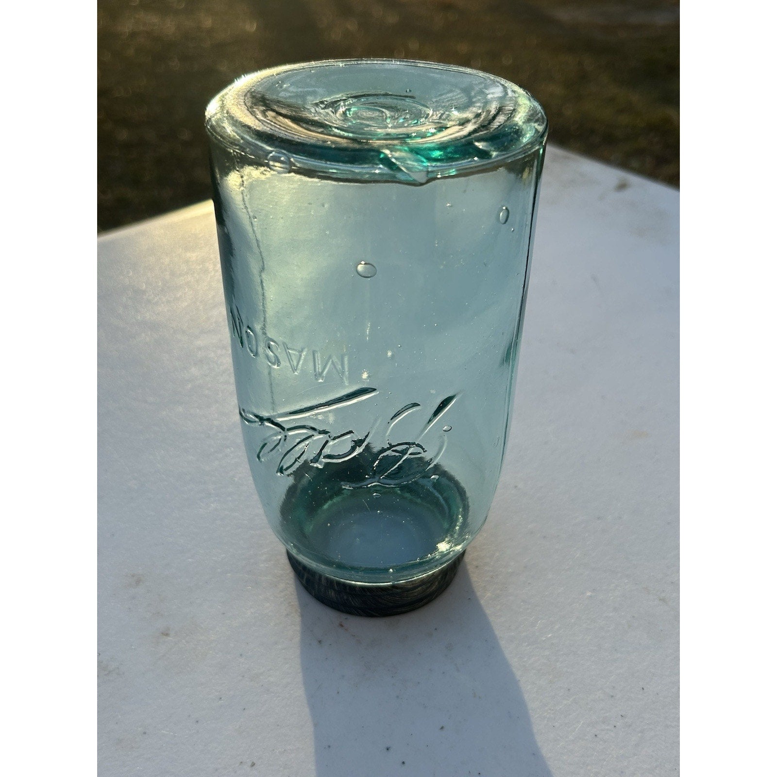 Antique Ball Triple L quart jar aqua blue glass detail