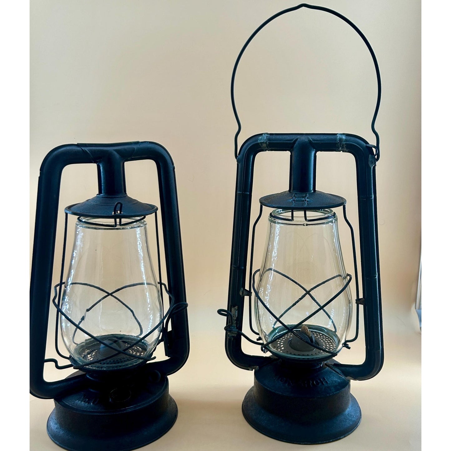 Antique Railroad Oil Lantern Pair Dietz & Monarch Tubular Lanterns Museum Conserved Patina Industrial Farmhouse Lighting Primitive Railroad