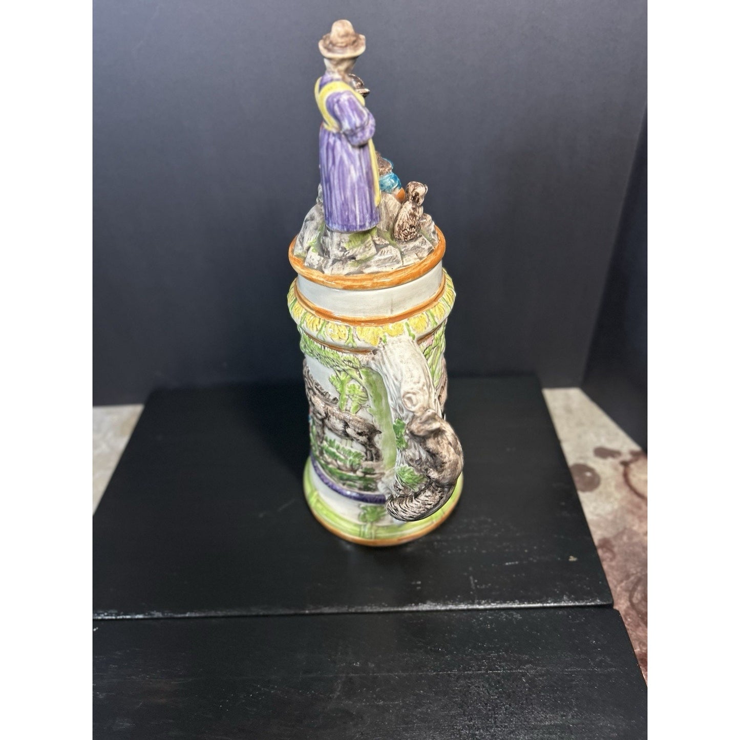VINTAGE LARGE HANDMADE HAND PAINTED HUNTING GERMAN 1974 BEER STEIN MUG WITH LID