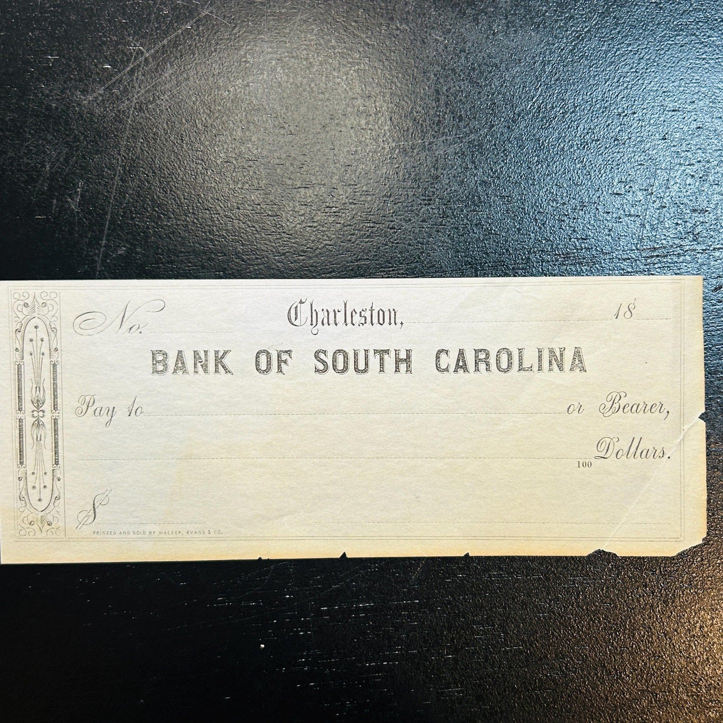 Antique Bank of South Carolina Check Charleston SC | 1800s Blank Bank Note Form | Southern Ephemera Paper Collectible. Very rare civil war!