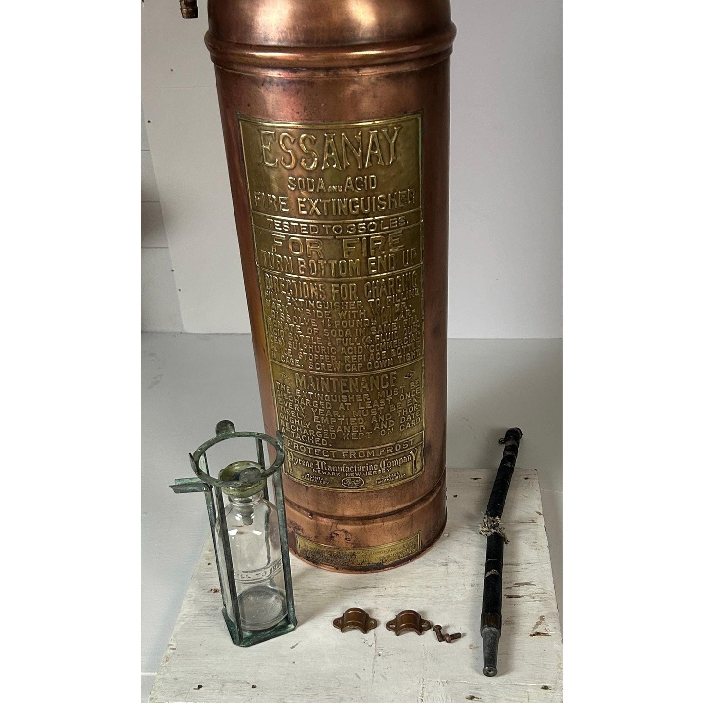 Antique ESSANAY Soda-Acid Fire Extinguisher c.1910s – Solid Copper & Brass – Complete Original Components – Collector Grade. Industrial
