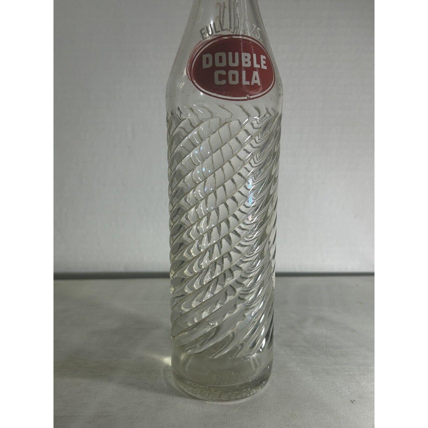Vintage Double Cola 16 oz Swirl Glass Soda Bottle – Red & White ACL Label – Spiral Design – Mid Century Soda Pop Collectible Advertising.