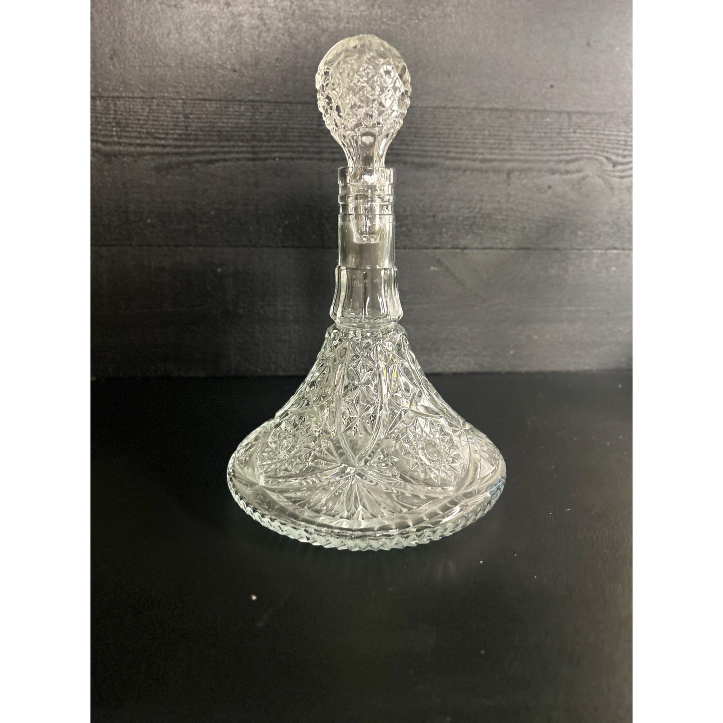 Vintage Cut Crystal Decanter with Stopper • Pressed Glass Starburst Pattern • Heavy Clear Barware • Mid-Century Liquor Whiskey Wine Bottle