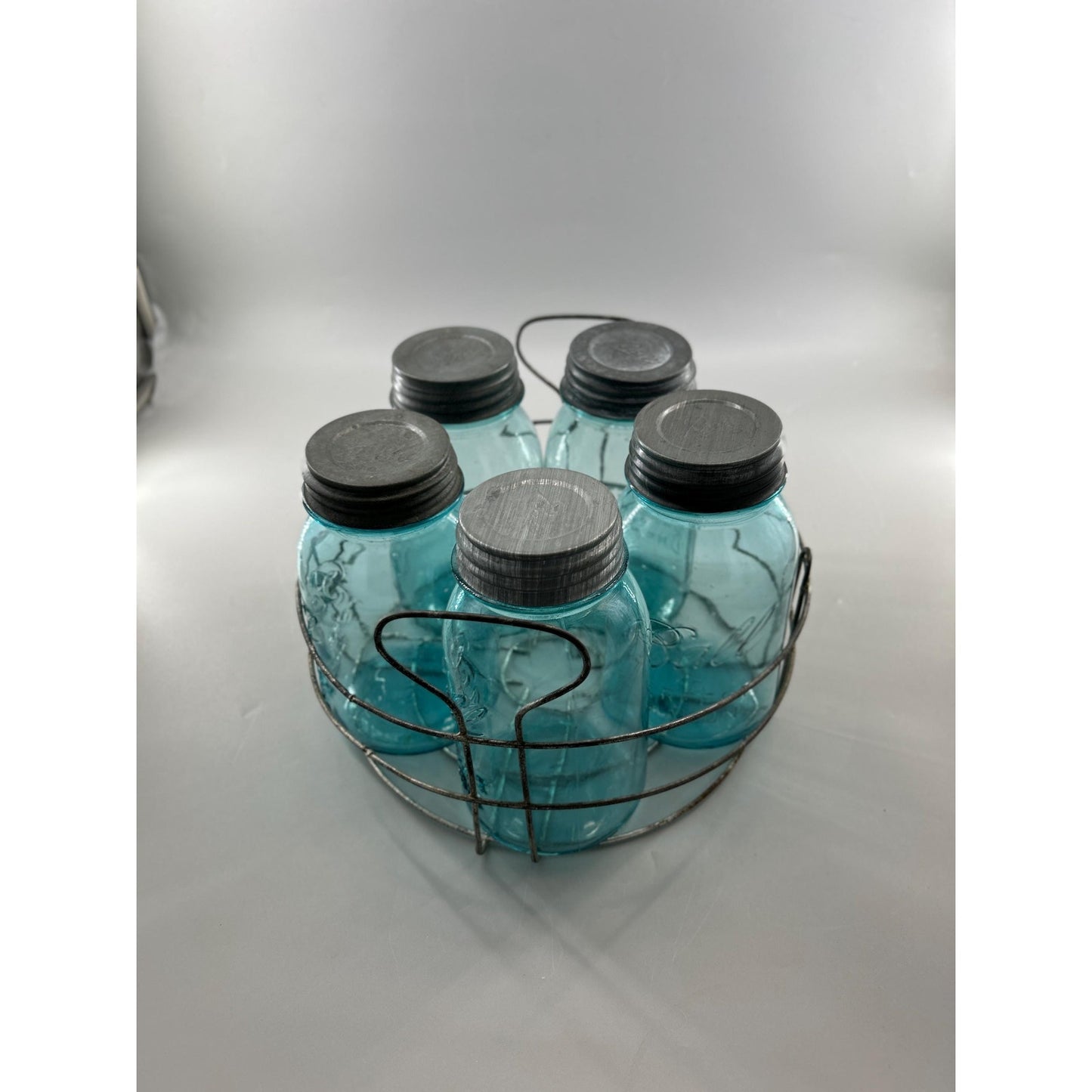 Vintage Ball Perfect Mason Jar Set Aqua Blue w Wire Carrier Zinc Lids 5pc