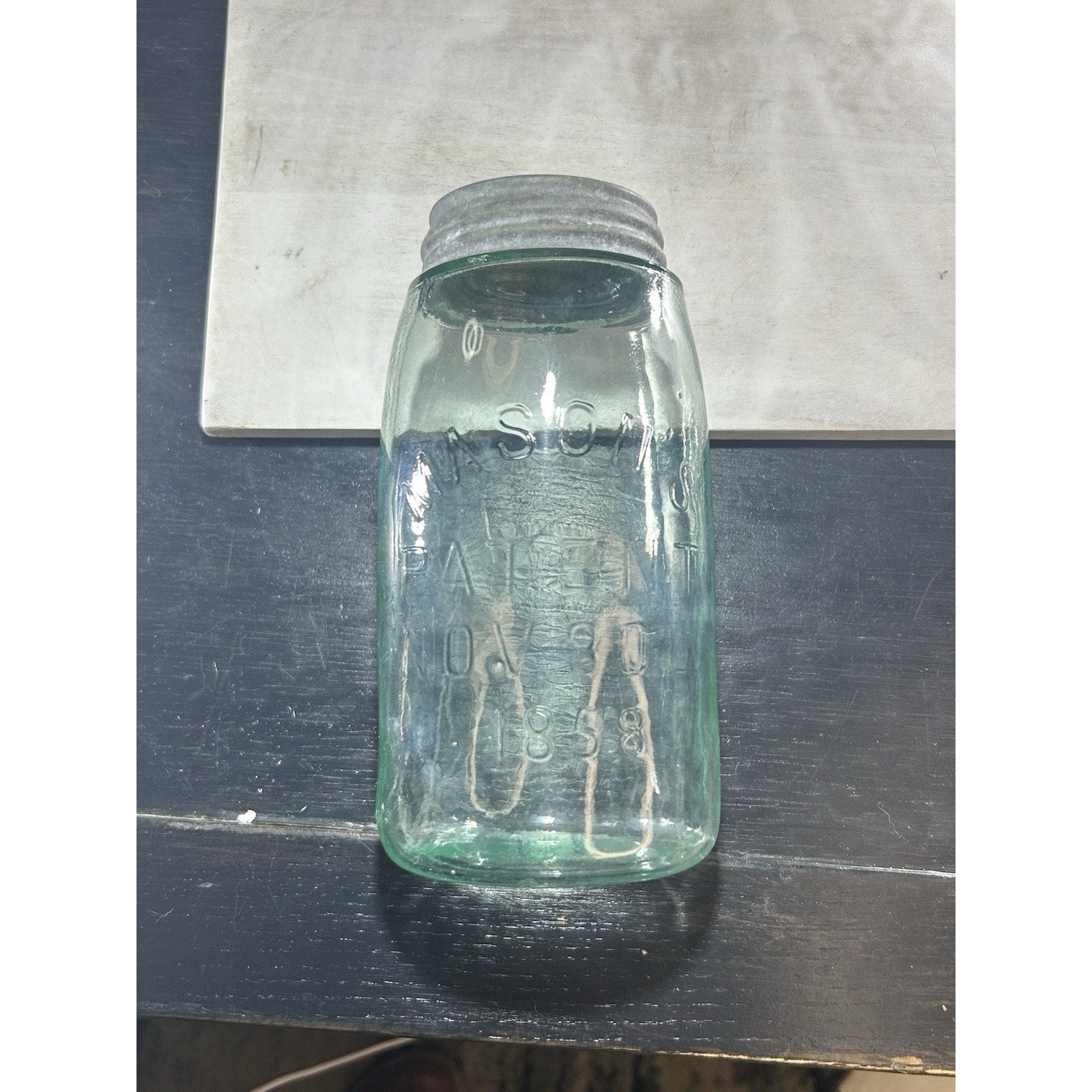 Antique 1858 Mason canning jar quart all angles light blue